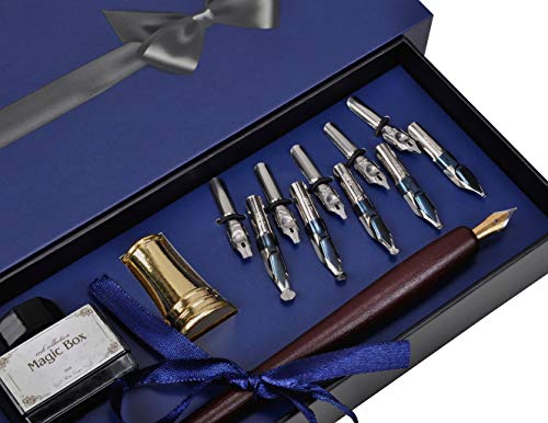 Plotube-Wooden-Pen-Calligraphy-Set-Dip-Pen-Gift-Writing-Case-Black-Ink-Bottle-Golden-Pen-Holder-11-Nibs-and-Beginners-Manual