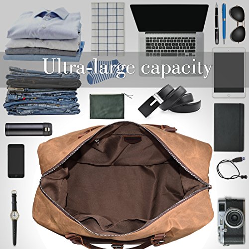 Oversized-Travel-Duffel-Bag-Waterproof-Canvas-Genuine-Leather-Weekend-bag-Weekender-Overnight-Carryon-Hand-Bag-Brown