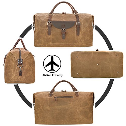 Oversized-Travel-Duffel-Bag-Waterproof-Canvas-Genuine-Leather-Weekend-bag-Weekender-Overnight-Carryon-Hand-Bag-Brown